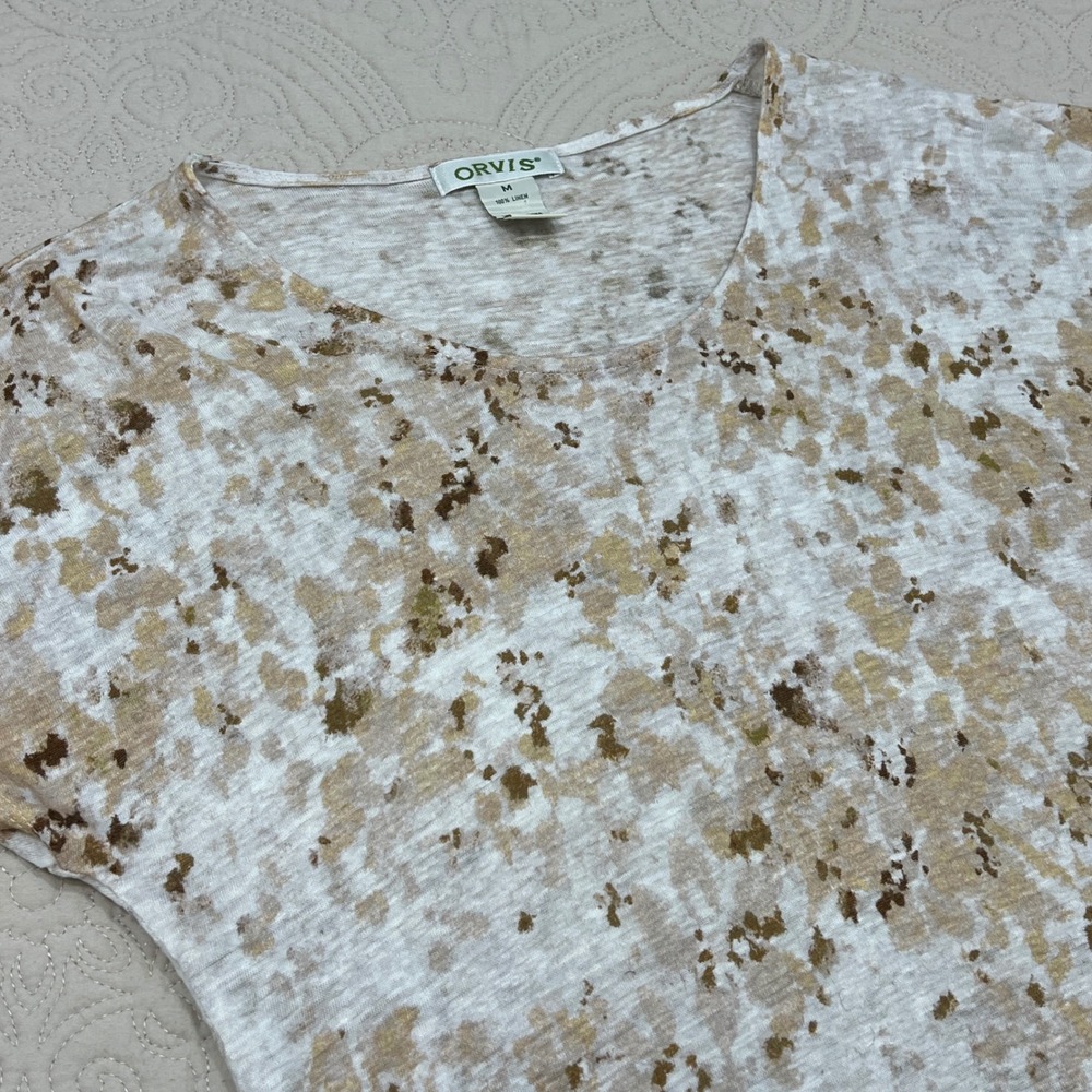 Orvis Womens Medium 100% Linen Abstract Splatter Striped Hem Scoop Neck Top‎ Tan